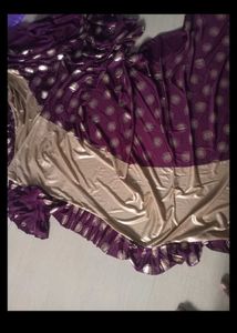 Purple &amp; Gold Satin Silk Printed Saree