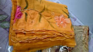 Mango Yellow Paint Colored Saree With Blouse. (New