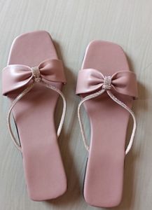 Peach Shiny Straps Flats For Women