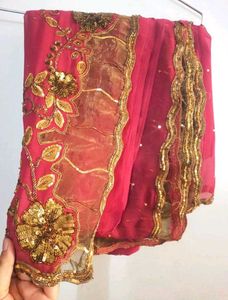 Readymade Pink Net Embroidered Saree with Blouse