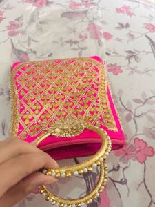 Heavy Pink Embroidered Gota patti Potli Bag