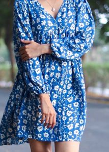 Cotton Blue Floral Print Mini Dress