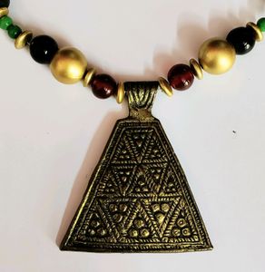 Glass And Wooden Beaded Necklace With Big Pendant