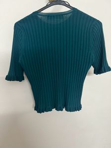 Zara Green Ribbed Ruffle Top