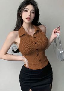 Size S-Brown Halter Top with Buttons