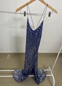 Backless Blue Sequins Strap Slit Midi Dress