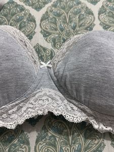 Gray Lace Trim Padded Bra, Bust- 36 B