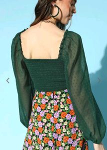 Berrylush Green Smocked Crop Top For Women