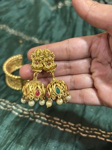 Antique Gold-Plated Hand Kada And Temple Earrings