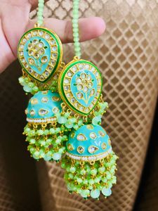 Teal Jhumka Earrings with Maangtikka