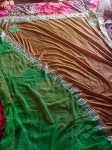 Green Chiffon Saree Pearl  With Stiched Blouse