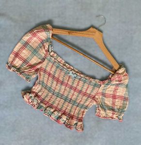 Plaid Smocked Off-Shoulder Top