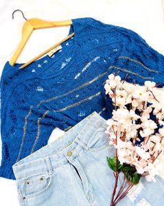 Pinterest Oversized Crochet Knit Blue Top A