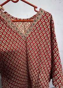 Red Printed V-Neck Blouse