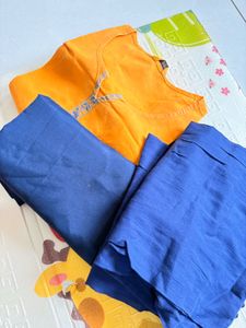 Handwoven Mustard &amp; Navy Blue Kurta With Dupatta
