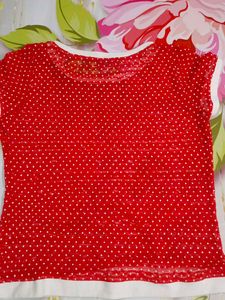 (481)Red Polka Dot Ringer Tee
