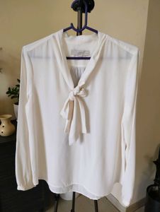 LOFT Off-White Tie-Neck Blouse