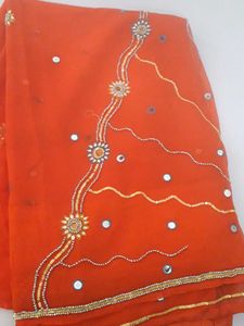 Orange Chiffon Saree With Mirror Work