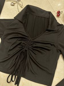 Black Ruched Front Long Sleeve Top