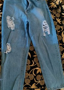 Blue Denim Torn Jeans With Elastic Waist