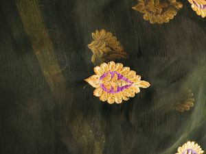 Black Golden Lace Saree With Jari Thread Flower