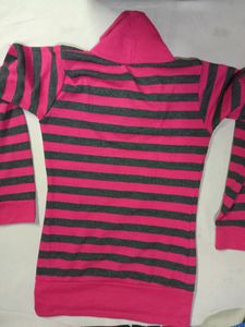 Pink And Gray Highneck Stripped Sweat Top