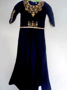 Blue Velvet Embellished Dress With Duppta