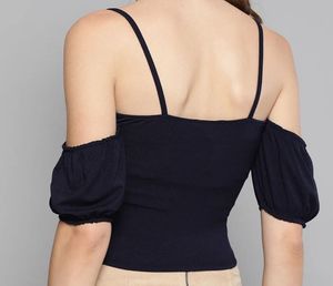 Navy Blue Bardot Crop Top with Bow | Sleeveless |