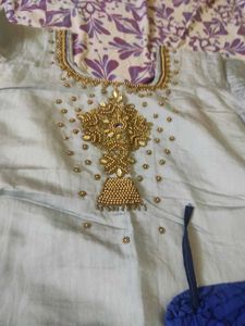 L-xl size grand work Elegant Grey &amp; Blue Kurta Set