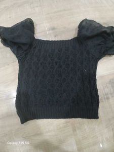 Black Puff Sleeve Knit Top Croshet