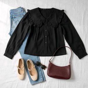 Ruffle Collar Black Blouse
