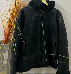 Black Faux Leather & Shearling Aviator Jacket