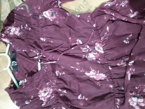 Wine Color Floral Print Long Dress