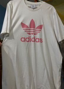 Adidas White Tshirt With Pink Brand Logo🎀