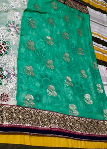Green Chiffon And Net Sari With Blouse