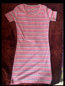 Pink Striped Ribbed T-Shirt Dress