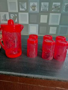 Red Jug &amp; Glasses Set 6
