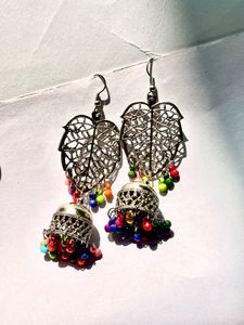 Boho Leaf Jhumka Earrings – Multicolor Beads🌈✨