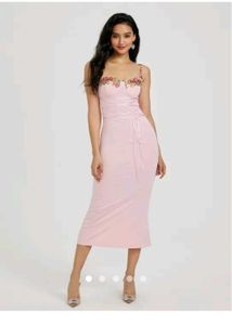 Floral Embroidered Pink Corset Midi Dress