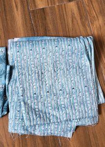 New Blue Unstitched Cotton V Neck  Dress Material