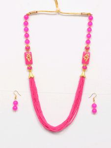 Pink Necklace With Earrings.        Jaipurjewelry, Kundanjewelry, Chokerset, Necklace, Women, Beauty, Forever 21, Chain, Earrings, Shein, Biba, Western, Ethnic Beadsnecklace, Peacockjewellery,