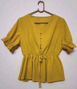 Clinched Waist Mustard Colour Crop Top (Women's)