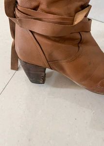 Brown Leather And Fur Heeled Boots
