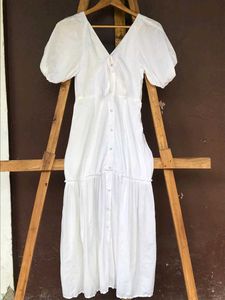 White Puff-sleeve Midi Dress.