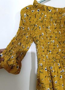 Mustard Floral Smocked Off-Shoulder Midi Dress