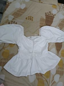 White Puff Sleeve Peplum Top