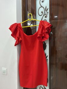 Red Ruffle Sleeve Bodycon Dress