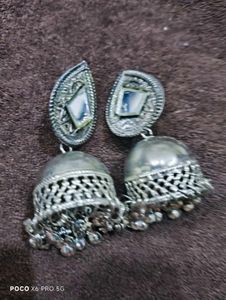 ✨ Oxidised Silver Mirror Work Jhumka Earrings ✨