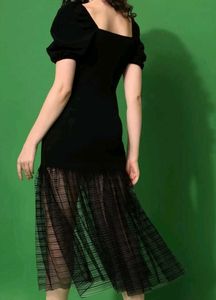 Puff Sleeve Square Neck Net Frill Flare Bodycon