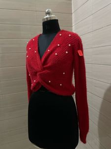 NO Boundaries knit red Pearl sweater for women
